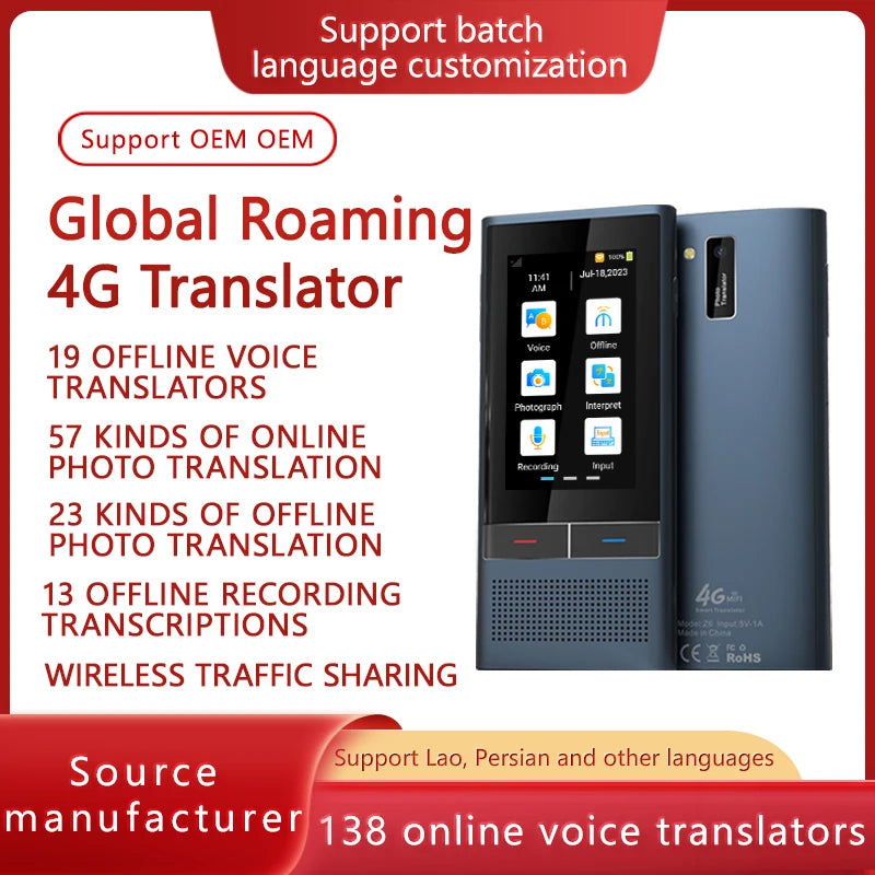 Z6 4G AI Translator Touchscreen Real-Time 138 Languages Voice Translation 19 Offline Modes 0.2s Speed 2000mAh Battery for Travel