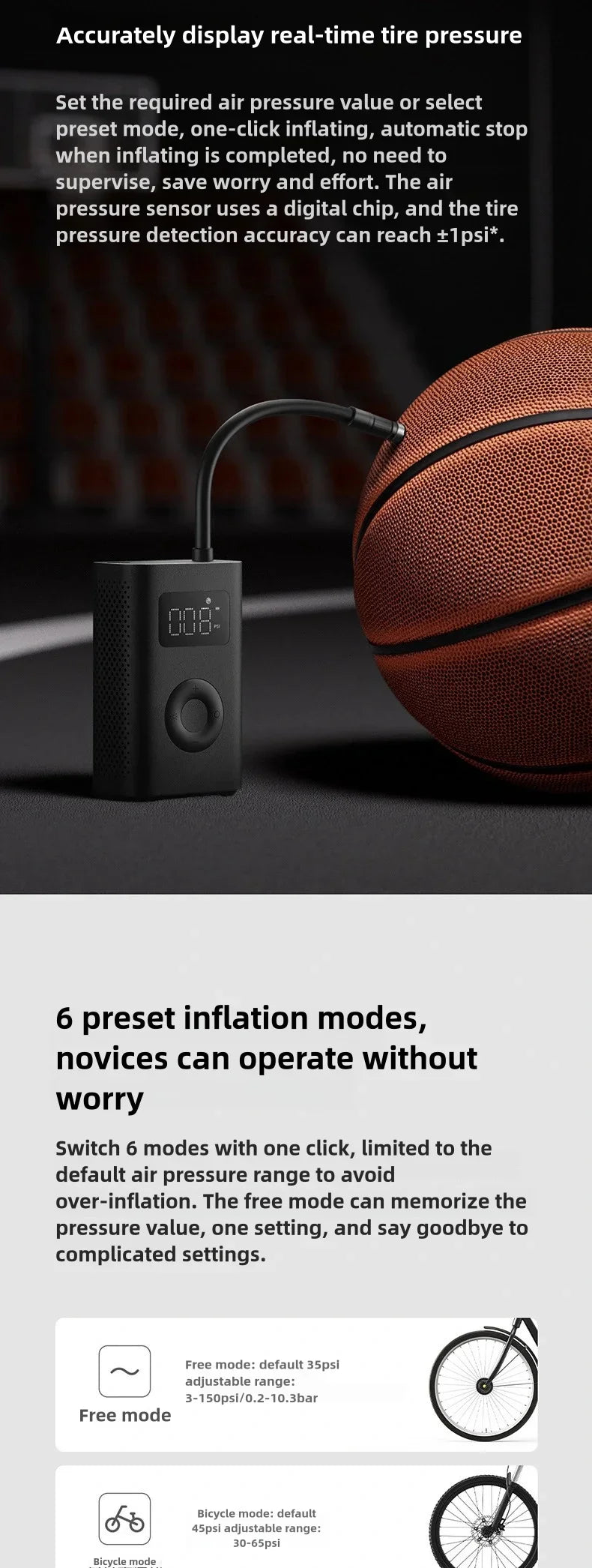 Xiaomi Mijia Air Pump 2 Portable Car & Bicycle Inflator with Tire Pressure Detection 150PSI 2000mAh Rechargeable PreSet Function