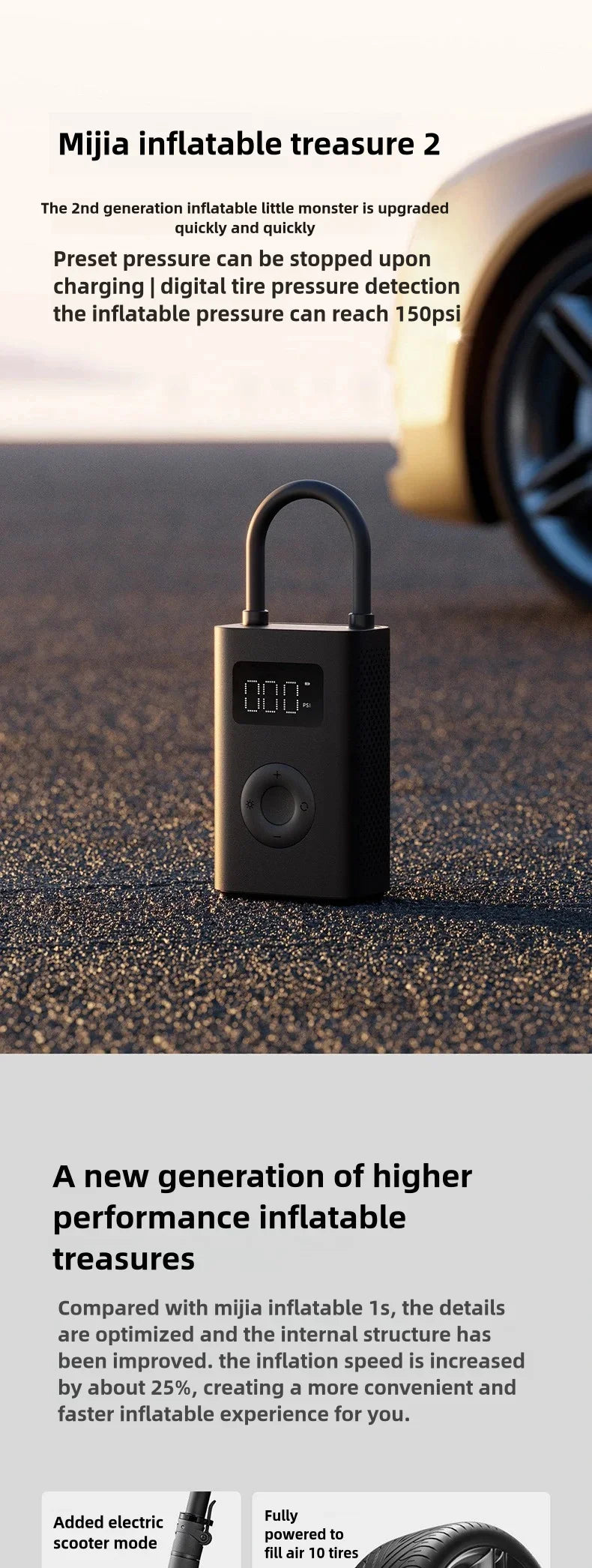 Xiaomi Mijia Air Pump 2 Portable Car & Bicycle Inflator with Tire Pressure Detection 150PSI 2000mAh Rechargeable PreSet Function