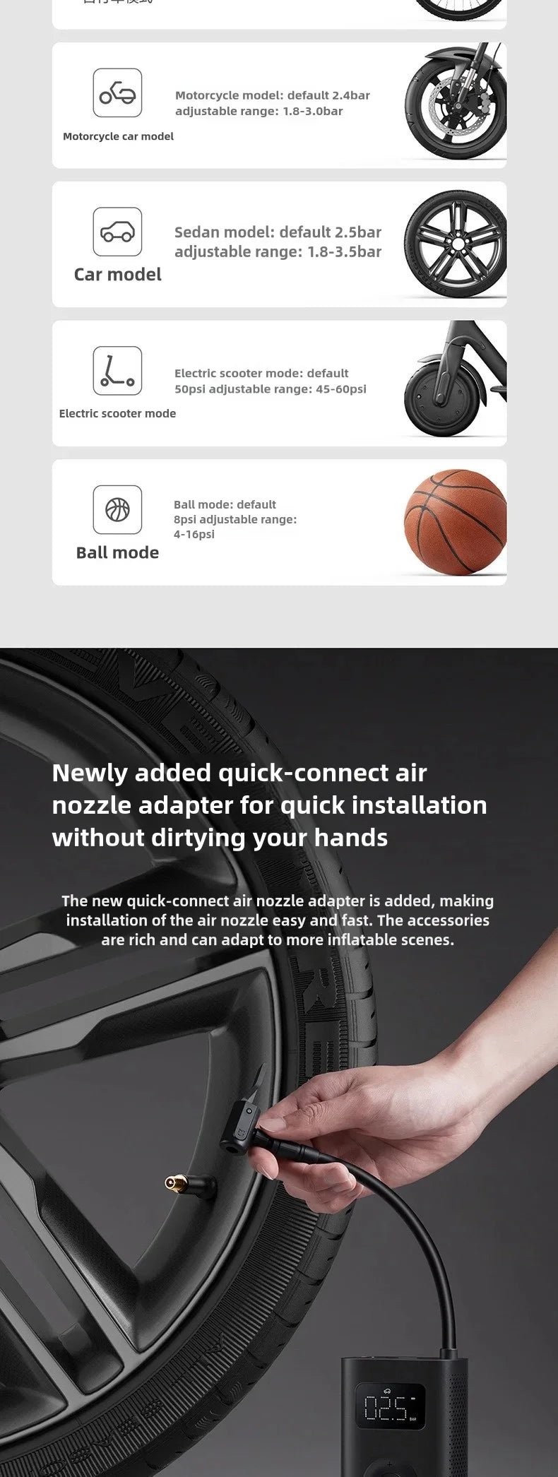 Xiaomi Mijia Air Pump 2 Portable Car & Bicycle Inflator with Tire Pressure Detection 150PSI 2000mAh Rechargeable PreSet Function