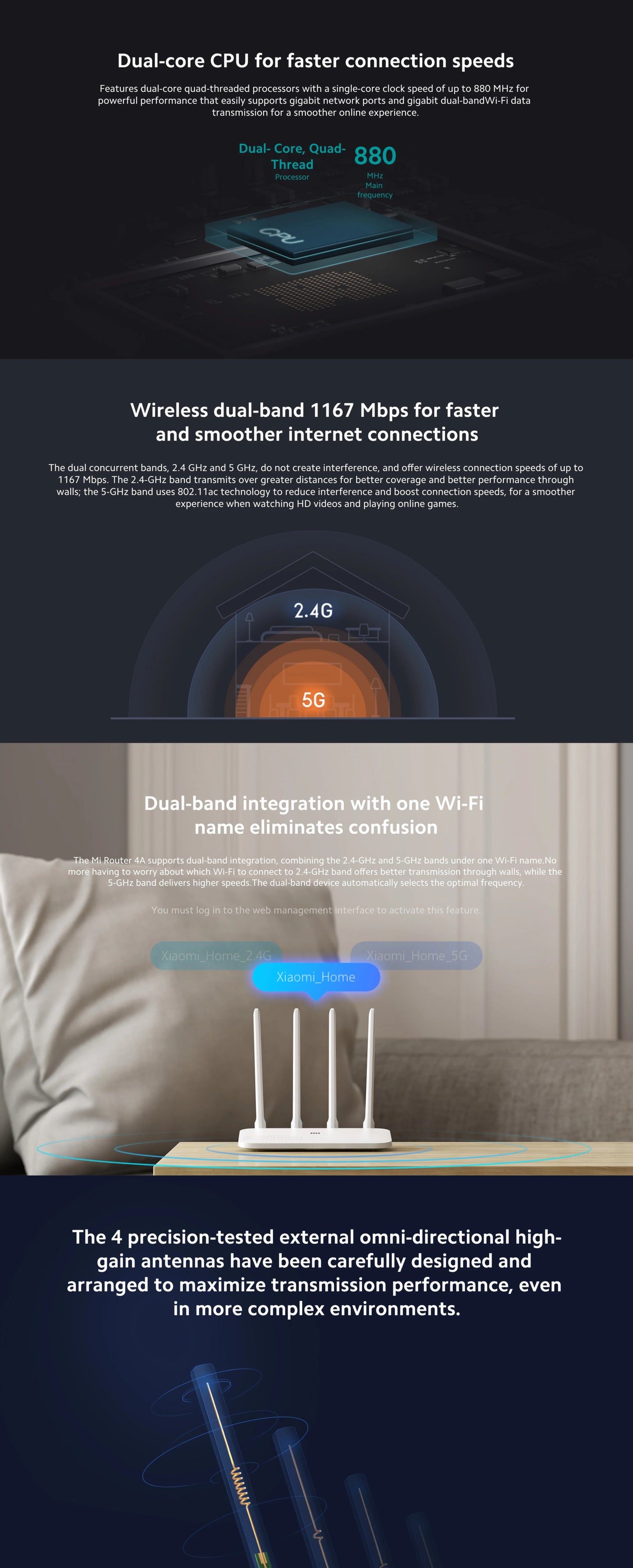 Xiaomi Router 4A Gigabit Edition 1000M 100M 5GHz 2.4GHz WiFi ROM 16MB DDR3 64MB 128MB High Gain 4 Antennas Remote Mi APP Control