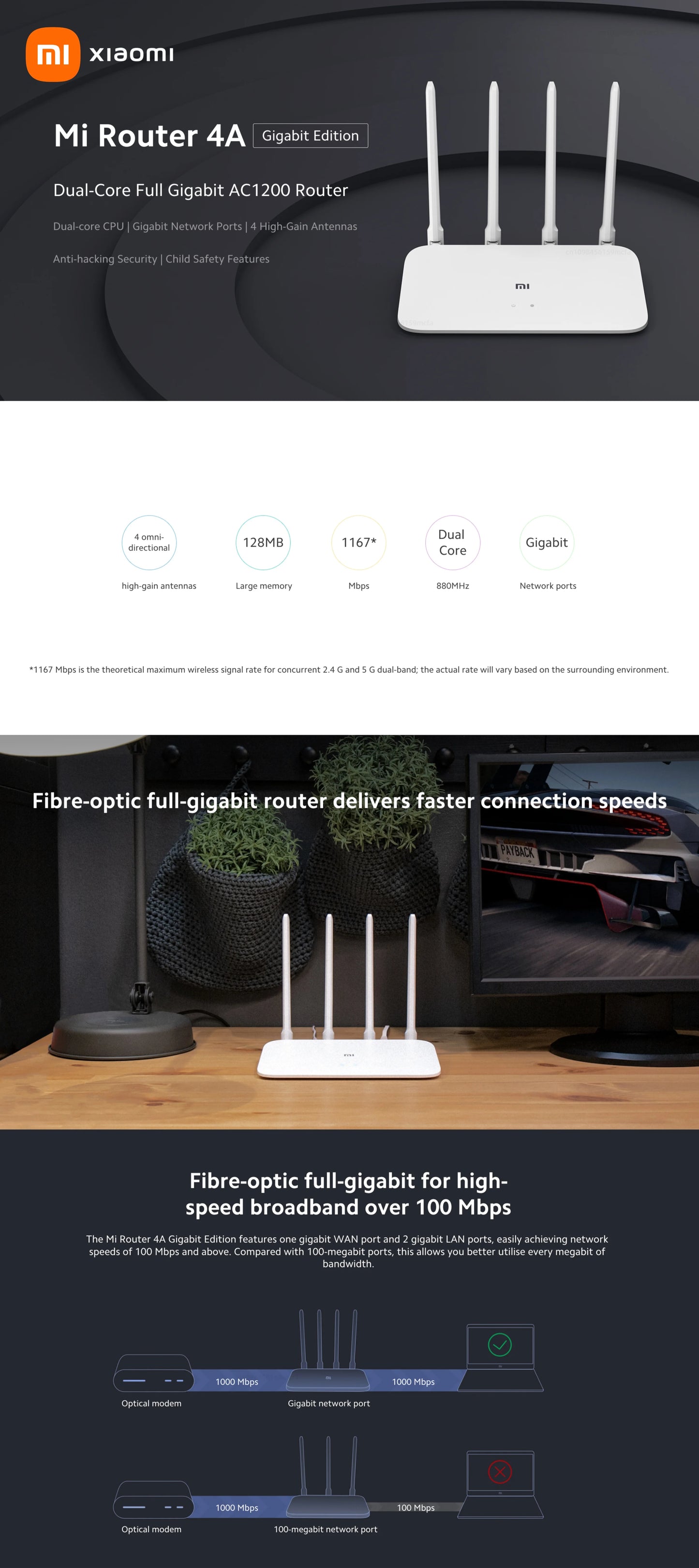 Xiaomi Router 4A Gigabit Edition 1000M 100M 5GHz 2.4GHz WiFi ROM 16MB DDR3 64MB 128MB High Gain 4 Antennas Remote Mi APP Control